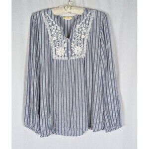Sweet Magnolia Tunic Blouse L Women's Blue Striped Embroidered Neck Long Sleeve